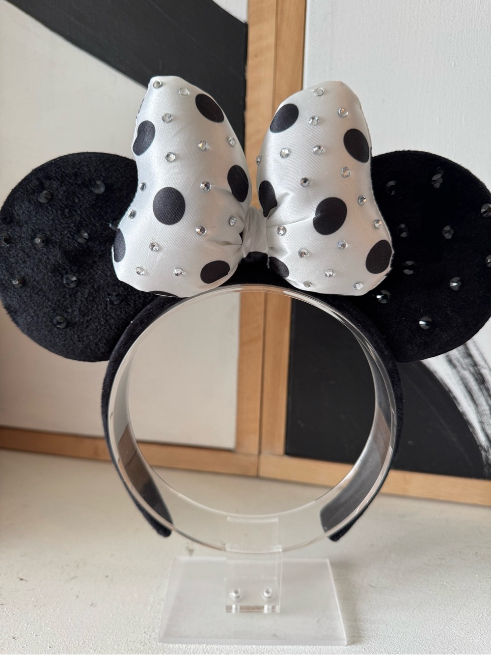 Black and White Minnie Ear Headband with rhinestones